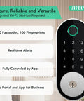 Built In WiFi Fingerprint Smart Deadbolt With Keypad Keyless Entry Lock For Home And Airbnb No Hub Or Gateway Needed Remote App Access Auto Lock DIY Setup Alexa And Google Compatible front view with features listed.