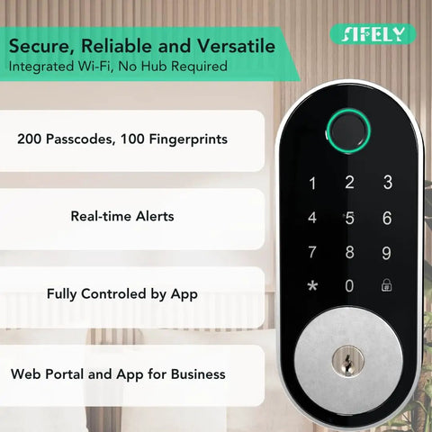 Built In WiFi Fingerprint Smart Deadbolt With Keypad Keyless Entry Lock For Home And Airbnb No Hub Or Gateway Needed Remote App Access Auto Lock DIY Setup Alexa And Google Compatible front view with features listed.