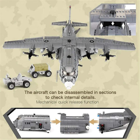 AC 130 Gunship Building Block Set 1713 Pieces WW2 Aircraft Model Kit with opening cockpit and rear hatch displayed