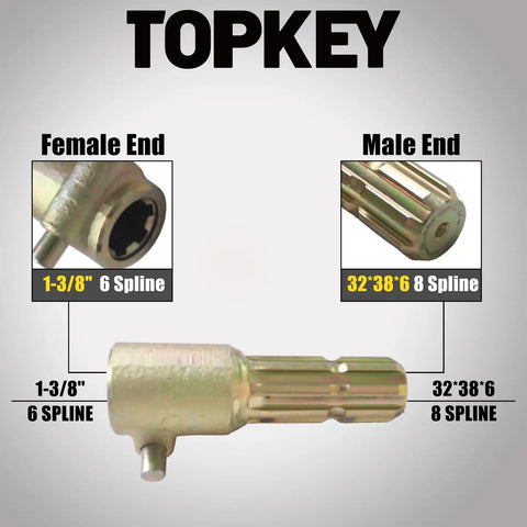 Heavy Duty PTO Extender Adapter converts 1-3/8 Inch 6 Spline Female to 1-1/2 Inch 8 Spline Male, showcasing both ends.