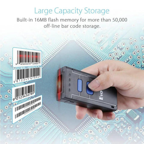 Hand using Pocket Size 1D Wireless Barcode Scanner with Bluetooth 3 in 1 2.4G and USB Wired Connectivity, scanning barcodes.