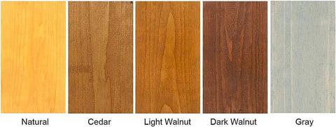 Top Tier Wood Stain For Decks Fences And Siding Gray Blend Semi Transparent wood samples showcasing different shades: Natural, Cedar, Light Walnut, Dark Walnut, Gray.