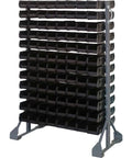 Rock Solid Double Sided 12 Rail Storage Rack Loaded With 192 Black Stack And Hang Organizational Bins for sorting and display.