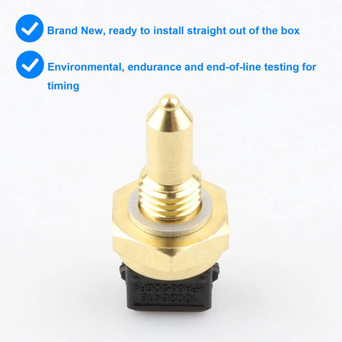 Front view: brass coolant temperature sensor with threaded shaft and black connector