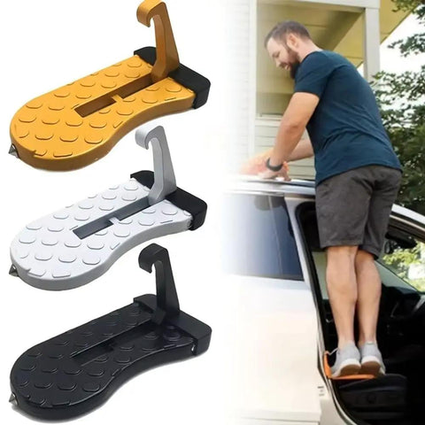 Beefed Up Aircraft Grade Aluminum Door Step For Tesla Cybertruck Roof Rack Cargo Gear Haul showing three color options and a user loading gear.