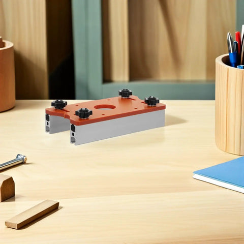 Tough Aluminum Router Table Insert Plate Dead Center Alignment Tight Grip Locks No Sweat Mounting For The Woodshop Crew on a workbench.