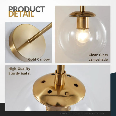 Mid Century Modern Globe Wall Sconce in brushed brass with clear glass bubble ball lampshade and gold canopy detail