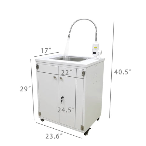Front view of Portable Mobile Hand Wash Station with Hot Water and Temperature Control Self Contained Sink Unit 24x18x39 Inches 110V Power