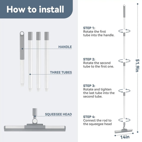 Floor Squeegee With 180 Degree Rotating Head And 52 Inch Extendable Handle installation steps illustration