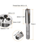 Three Piece Metric Hand Tap And Die Set M12 X 1.5 Right Hand Taps with round die, showing measurements and metal construction.