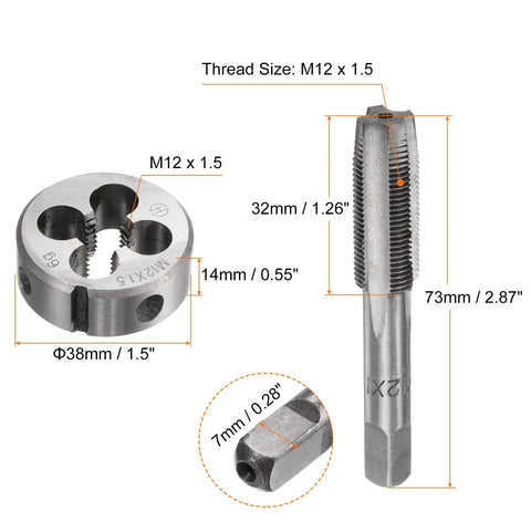 Three Piece Metric Hand Tap And Die Set M12 X 1.5 Right Hand Taps with round die, showing measurements and metal construction.