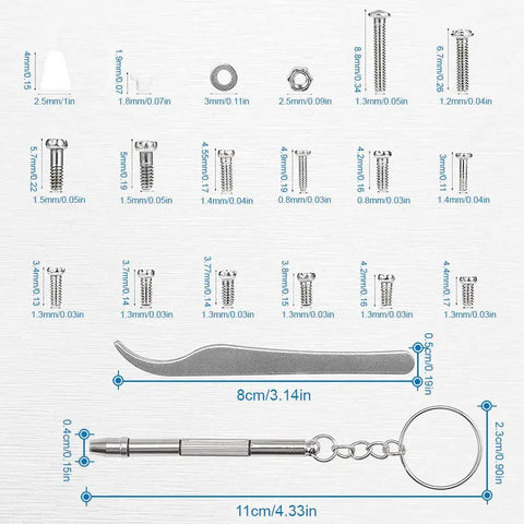 1000-Piece Stainless Steel Micro Screw Kit for Glasses and Sunglasses Repair shown with screws, nuts, tweezers, and screwdriver