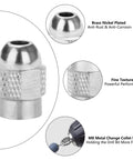 Keyless Drill Chuck and Brass Collet Set for Dremel Rotary Tools, nickel-plated collet nut with textured grip, close-up details