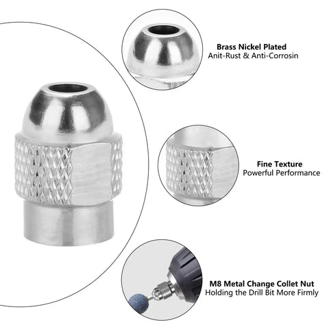 Keyless Drill Chuck and Brass Collet Set for Dremel Rotary Tools, nickel-plated collet nut with textured grip, close-up details