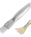Angled front view of stainless steel six-blade shredding knife with long handle; for shredding green onions.