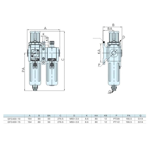 Diagram of 3 In 1 Pneumatic Air Filter Regulator Lubricator Combo with Water Oil Trap Separator GFC40010 Model dimensions.