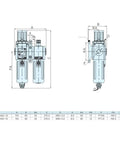 Technical diagram of Heavy Duty 3 In 1 Pneumatic Air Filter Regulator Lubricator Combo With Water Oil Trap Separator dimensions.