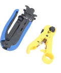 All In One Coax Cable Tool Kit With Adjustable F Head And Anti Slip Grip For RG6 RG59 RG11 And 75 Ohm F Connectors Includes 20 RG6 F Compression Connectors And Precision Wire Stripper For Indoor Use, showing compression tool and wire stripper.