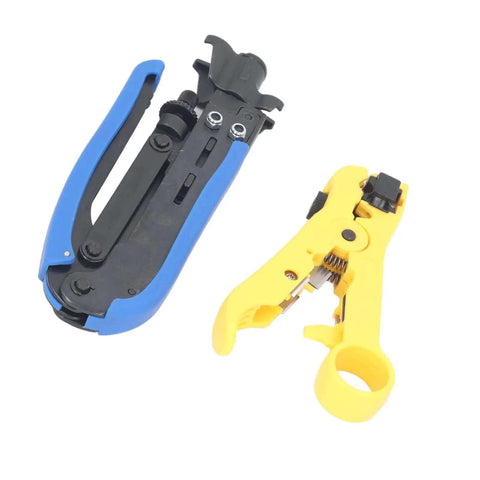 All In One Coax Cable Tool Kit With Adjustable F Head And Anti Slip Grip For RG6 RG59 RG11 And 75 Ohm F Connectors Includes 20 RG6 F Compression Connectors And Precision Wire Stripper For Indoor Use, showing compression tool and wire stripper.