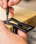 User marking wood with pencil and Big League Woodworking Dovetail Marker Jig Template for Crisp Tapered Joints.