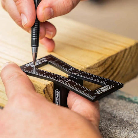 User marking wood with pencil and Big League Woodworking Dovetail Marker Jig Template for Crisp Tapered Joints.