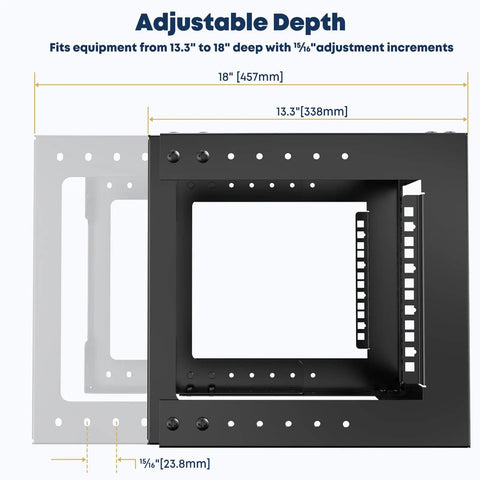 Adjustable depth view of 6U Wall Mount Open Frame Rack 13.3 To 18 Inch Adjustable Depth Black Standard 19 Inch Compatible Cabinet.