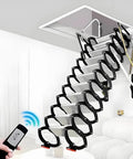 The Heavy Duty Electric Attic Ladder With Hinged Telescoping Folding Steps Top Shelf Roof Access Hatch Kit Black Aluminum Rail No Sweat Quick Install Today, showing extended steps and remote control setup.