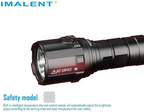 Close-up of Ms03 13000 Lumen LED Flashlight With 3 Cree XHP70 2 LEDs Tactical EDC Light showing warning label and rugged design.