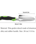 Heavy Duty Cast Aluminum Garden Hand Shovel And Trowel For Planting Transplanting Weeding And Digging Soil With Soft Rubberized Non Slip Grip Handle 11.8 Inch Green Workhorse Tool, visible with size dimensions and material details.