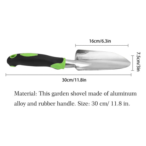Heavy Duty Cast Aluminum Garden Hand Shovel And Trowel For Planting Transplanting Weeding And Digging Soil With Soft Rubberized Non Slip Grip Handle 11.8 Inch Green Workhorse Tool, visible with size dimensions and material details.
