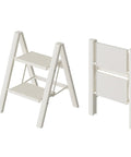 Aluminum 2 Step Folding Ladder White Finish Lightweight and Portable for Home Garage or Workshop Open Size 18x20x24 Inches Top Step Height 17.7 Inches Folds to Slim 1.8 Inch Profile for Easy Carry and Neat Storage, open and folded views