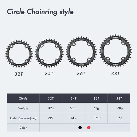 MTB Crankset 104 BCD Square Tapered 32 34 36 38T Chainring Options sizes and specifications chart shown
