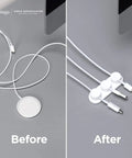 Before and after using Magnetic Cable Management Buttons And Holder To Keep Three Cables Neat And Tidy, desk organization shown.