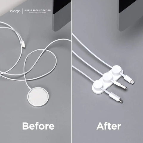 Before and after using Magnetic Cable Management Buttons And Holder To Keep Three Cables Neat And Tidy, desk organization shown.