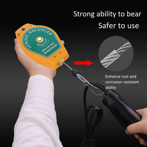 Heavy Duty Spring Balancer For 3-5KG Pneumatic And Electric Tools, strong grip shown in hand with adjustable cable.