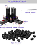 3 Way End Corner Bracket Solid Connectors For 2020 Series 6mm Slot Aluminum Profile Black, shown with screws and hex wrench