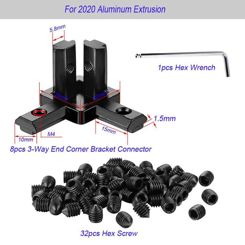 3 Way End Corner Bracket Solid Connectors For 2020 Series 6mm Slot Aluminum Profile Black, shown with screws and hex wrench