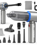 2 In 1 Mini Car Vacuum And Air Duster Wireless Handheld Vacuum With Blower Function Brushless Motor 27000 Pa Powerful Suction 9000 mAh Battery Long Life Portable For Car Office And Home with accessories and attachments displayed