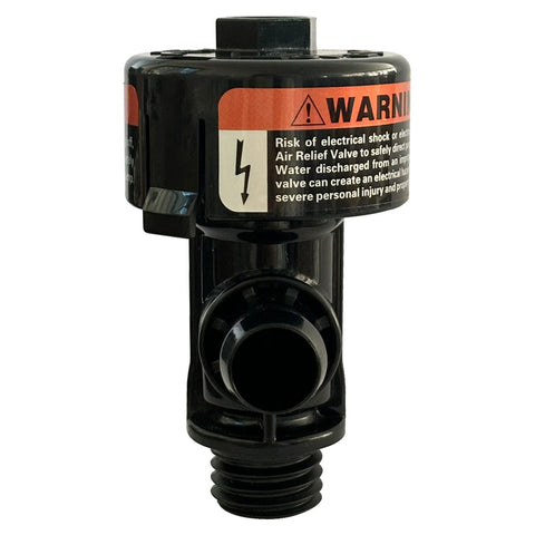 Front view of black plastic high-flow manual air-relief valve assembly with threaded outlet for pool/spa filters.