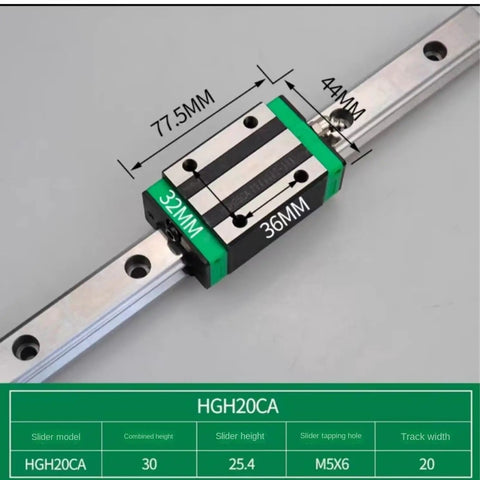 Beefy Linear Rail Kit With Two Rails And Four HGH HGW Blocks, CNC Router Parts, close-up of HGH20CA block with dimensions and specifications