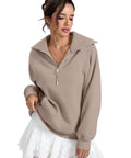 Oversized Fleece Lined Half Zip Sweatshirt With Pocket For Cozy Warmth And Comfort, in Coffee Gray, styled with a white skirt.
