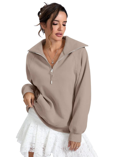 Oversized Fleece Lined Half Zip Sweatshirt With Pocket For Cozy Warmth And Comfort, in Coffee Gray, styled with a white skirt.