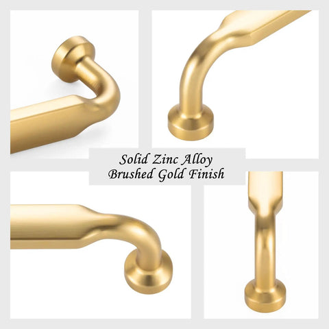 Premium Solid Metal Brushed Gold Cabinet Pulls with solid zinc alloy, showcasing sleek curves and strong grips for cabinets.