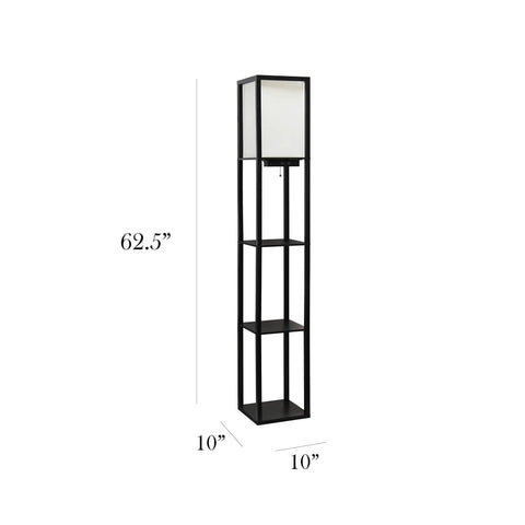Black Floor Lamp Etagere Organizer With Linen Shade 3 Shelf Storage Stand Built In USB Ports And Charging Outlet Cozy Accent Lighting