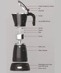 Exploded view of Electric Espresso Maker 6 Cup Mocha Pot Portable Italian Style Coffee Brewer For Camping And Travel 550W 110V