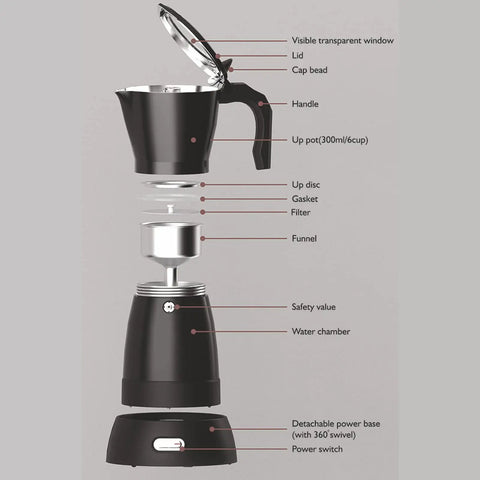 Exploded view of Electric Espresso Maker 6 Cup Mocha Pot Portable Italian Style Coffee Brewer For Camping And Travel 550W 110V