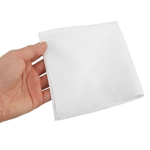 TopShelf White Microfiber Cleanroom Wipes For Phone Screens Glasses Lenses Camera Body Jewelry And Precision Tools held in hand.