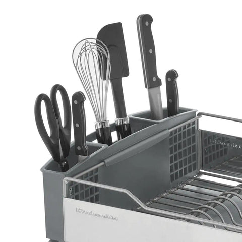 Full Size Countertop Dish Rack Heavy Duty Organizer With Angled Draining Surface Removable Utensil Basket Non Slip Base Slick Rust Resistant Finish Straight Up Effortless Drying System In Light Grey