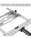Side view of stainless steel machining vise wood positioning guide tool with ruler rails and level.
