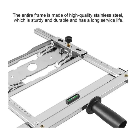 Side view of stainless steel machining vise wood positioning guide tool with ruler rails and level.